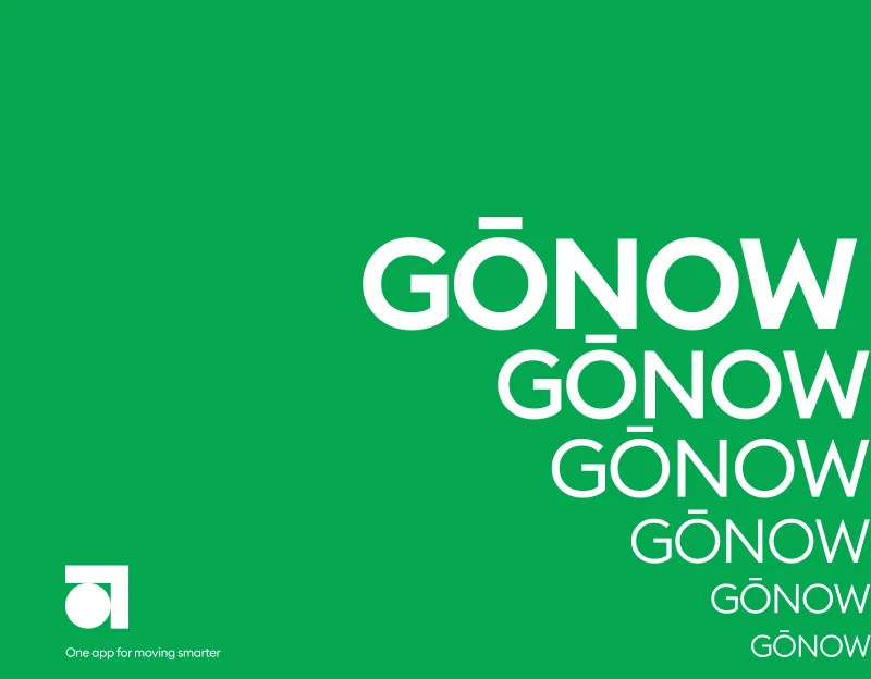 GoNow transit app mockup on green background
