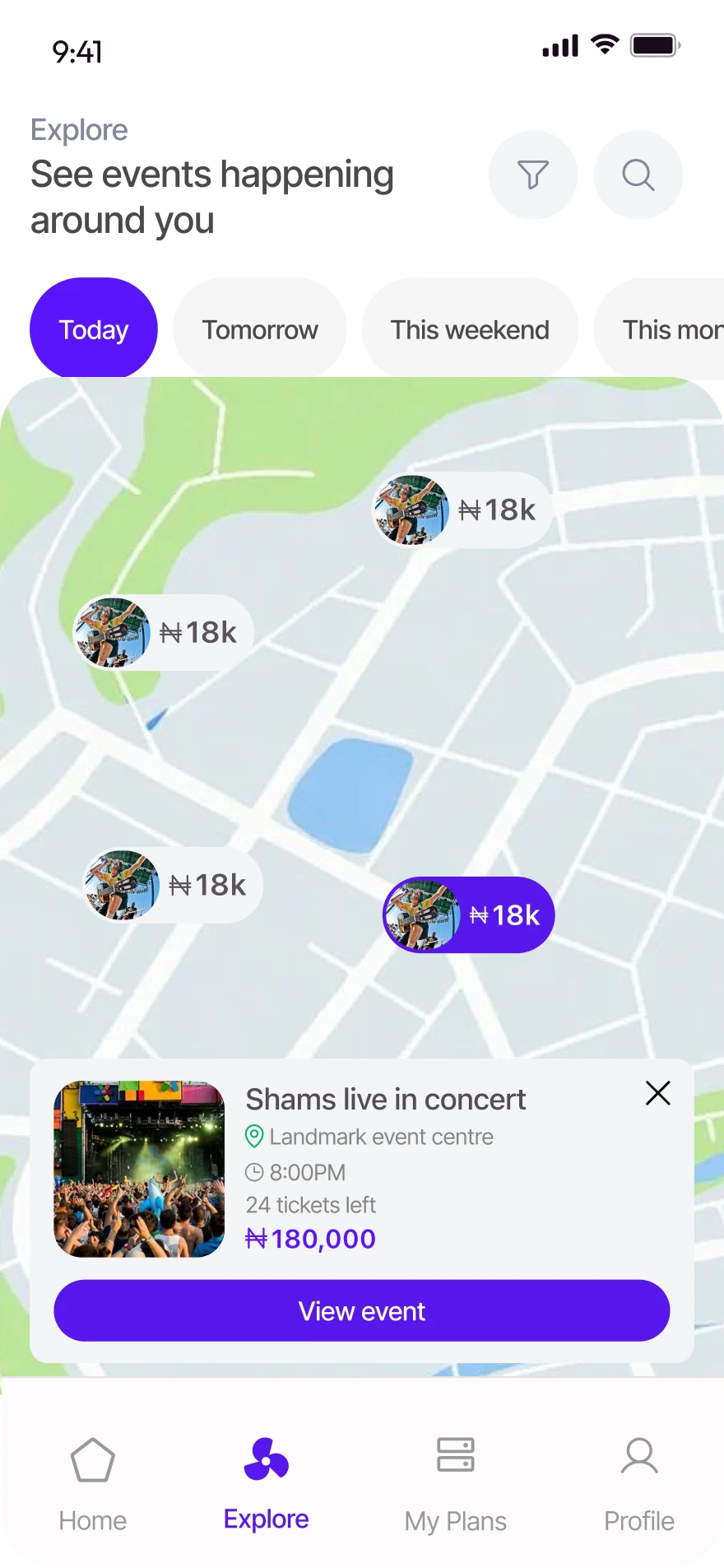 GoSee Explore screen showing a map of nearby events and a live concert card