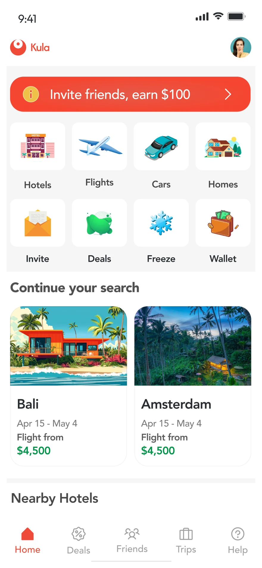 Kula travel app home screen with an invite-friends banner and quick links for hotels, flights, cars and homes