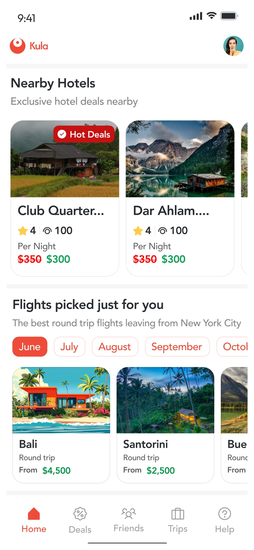 Kula screen with nearby hotel deals and flights picked for the traveller