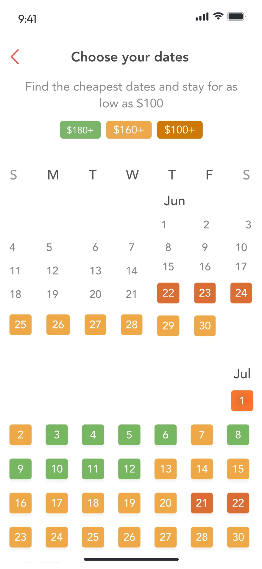 Date picker calendar for choosing the cheapest travel dates, with price-coded days