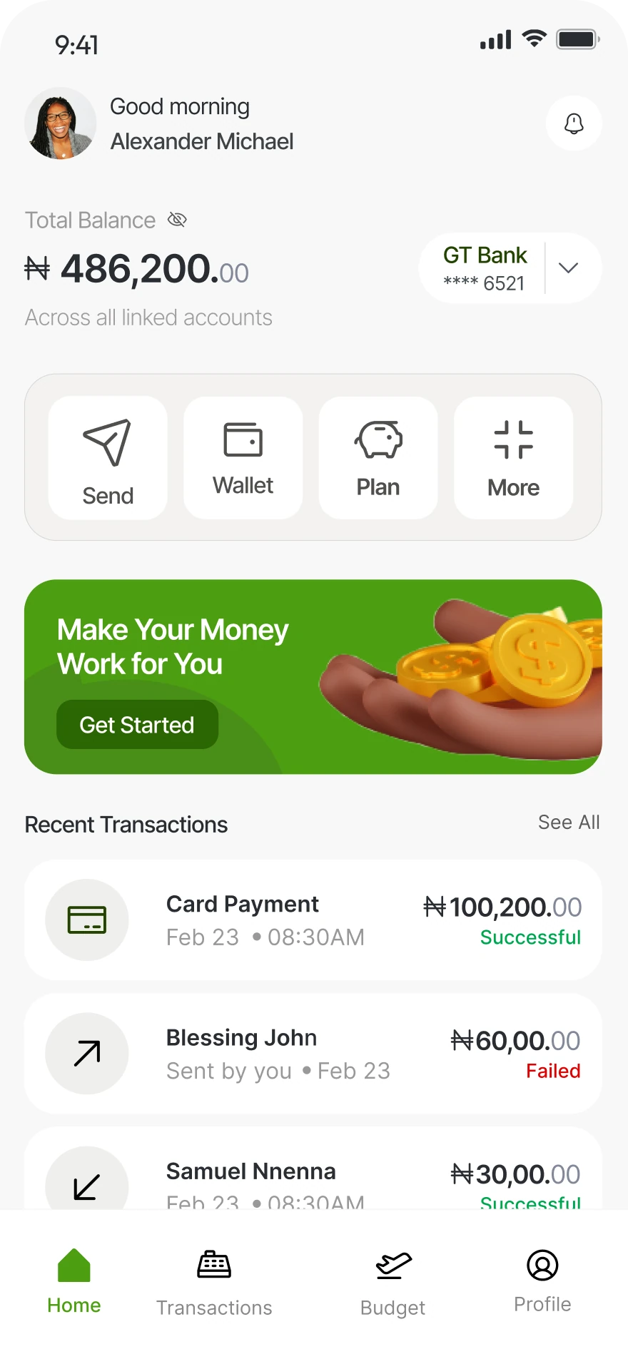 Personal finance app home screen with total balance, quick actions and recent transactions