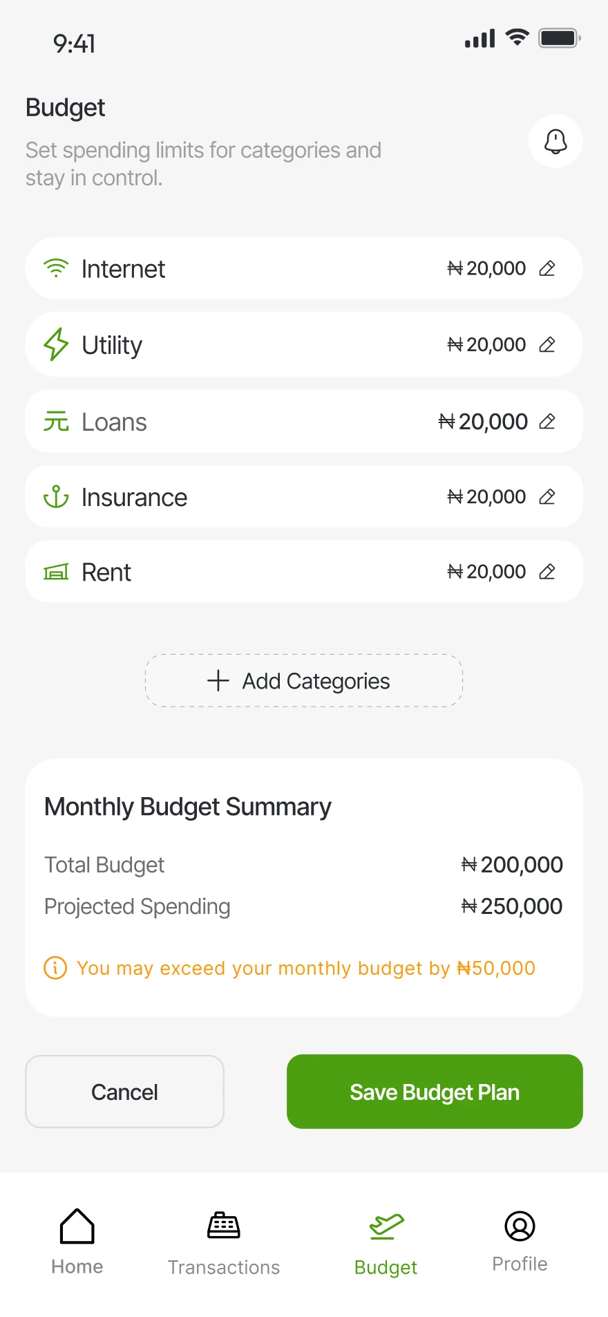 Monthly budget screen with limits for internet, utility, loans, insurance and rent, and a budget summary