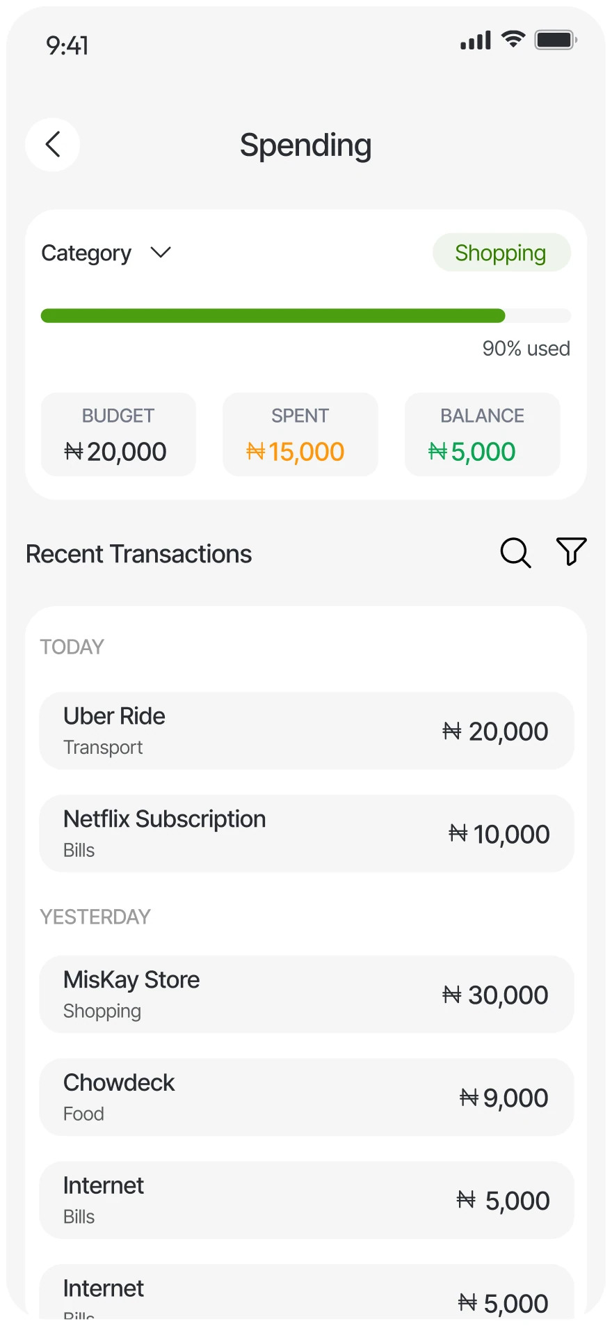 Spending detail screen with a category budget progress bar and recent transactions