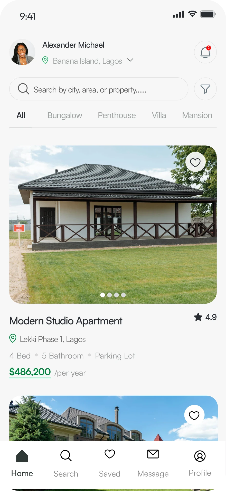 Property rental app home screen with search, filters and a Modern Studio Apartment listing