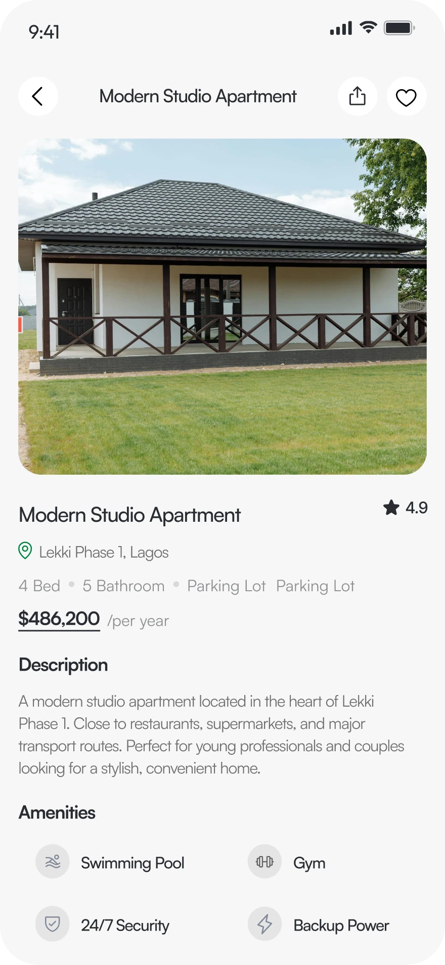 Property detail screen for a Modern Studio Apartment with description and amenities