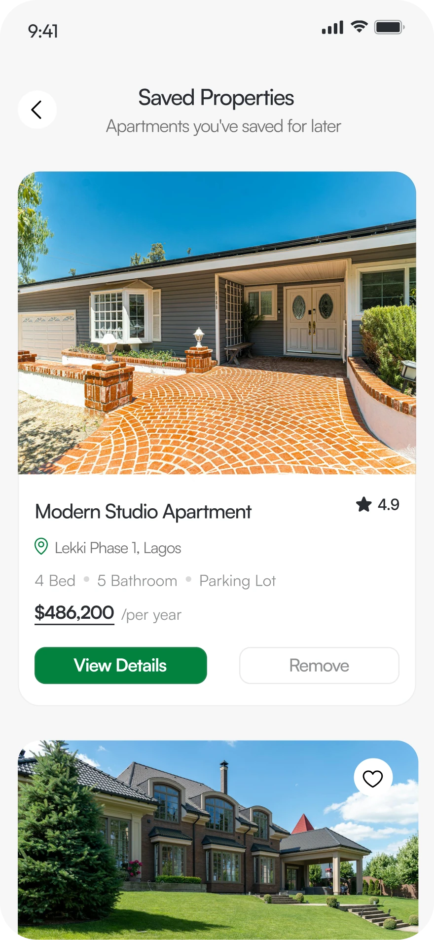 Saved properties screen listing apartments saved for later