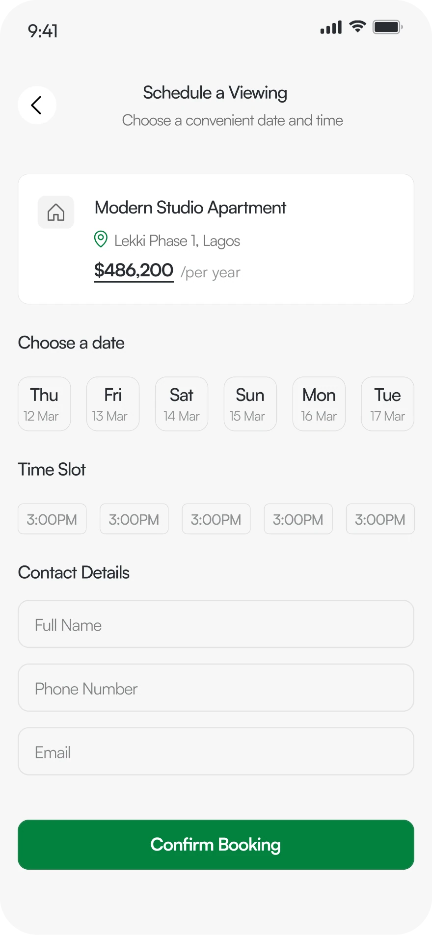 Schedule a viewing screen with date, time slot and contact details form