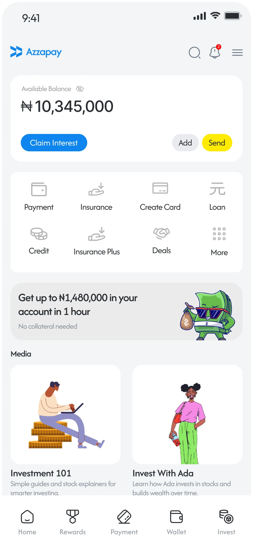 Azzapay fintech home screen with available balance, quick actions and a services grid