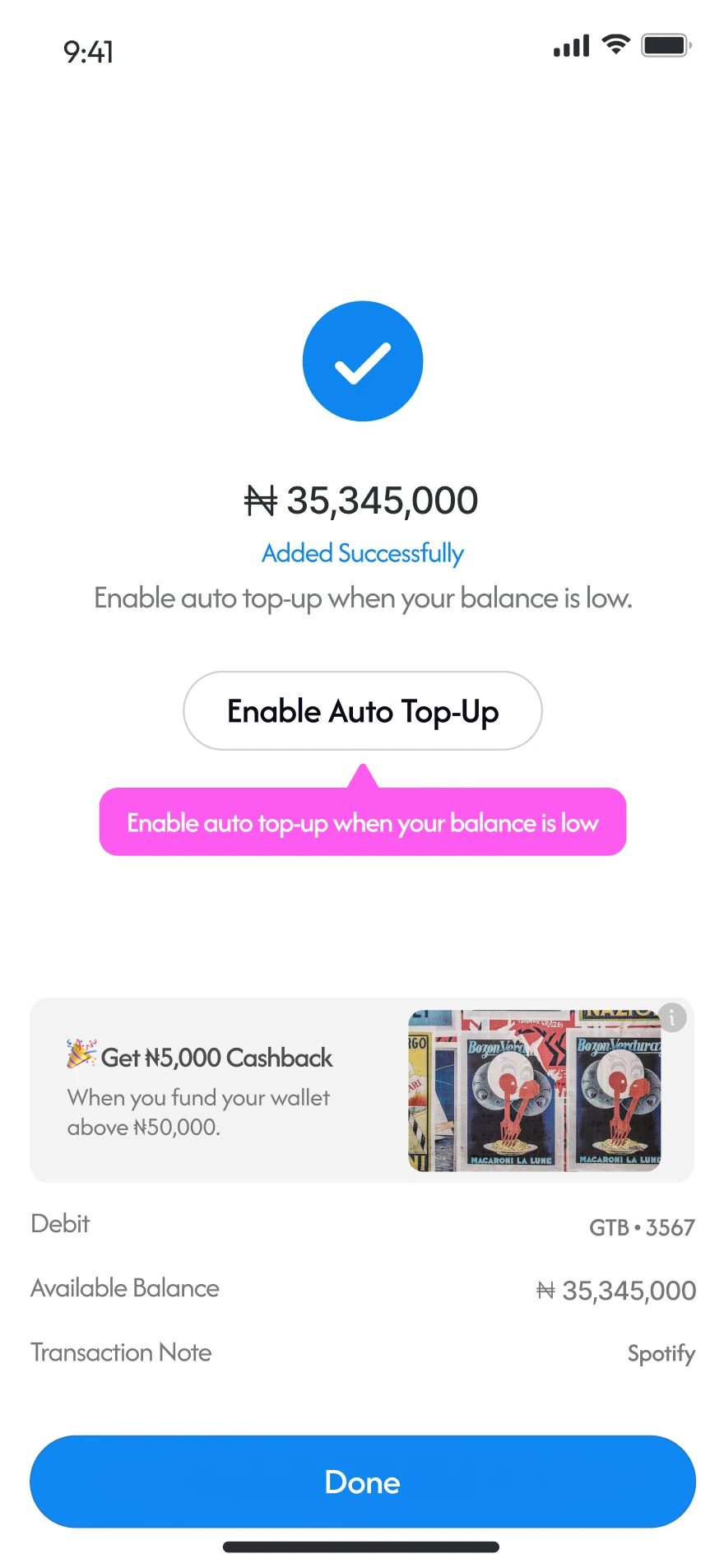 Payment success screen confirming ₦35,345,000 was added, with an auto top-up prompt