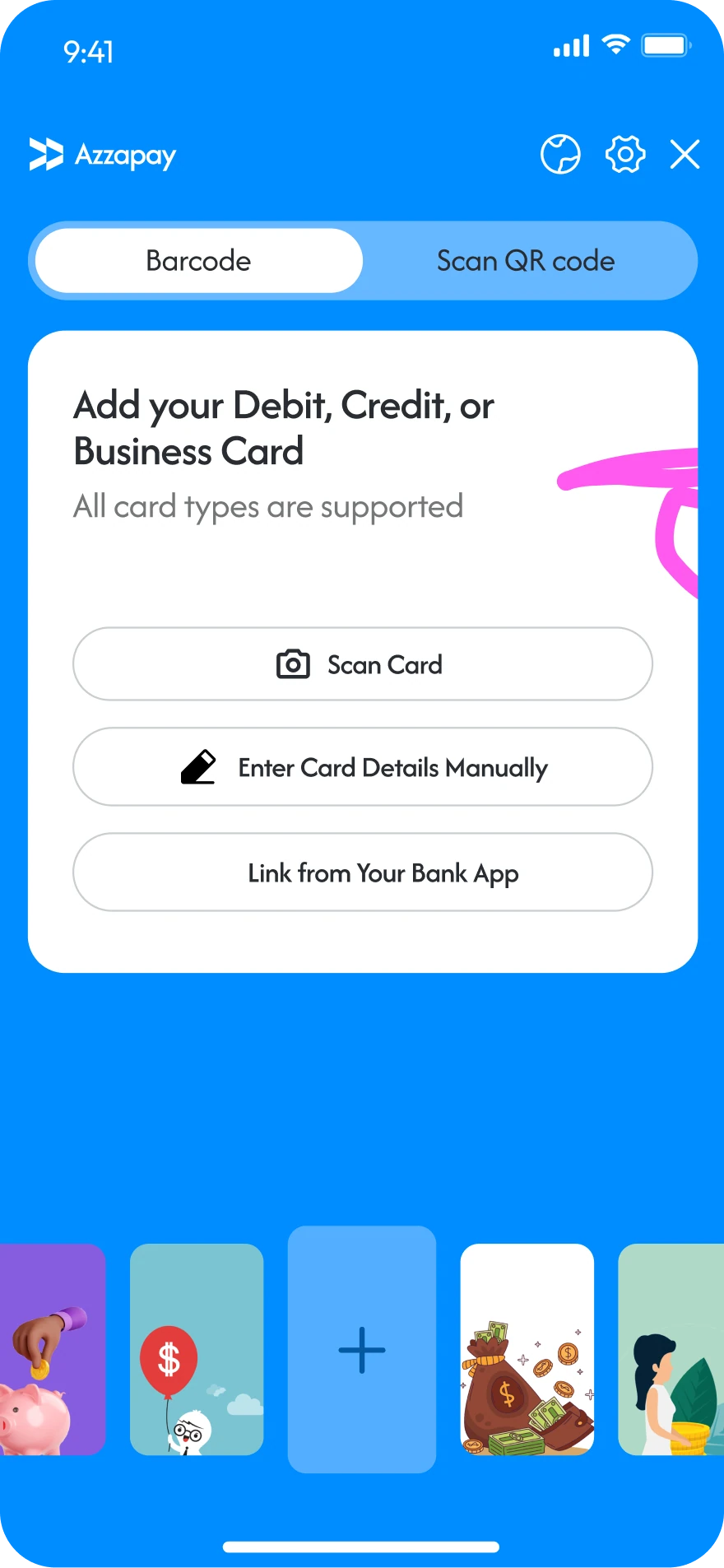 Azzapay add card screen with options to scan a card, enter details manually or link a bank app