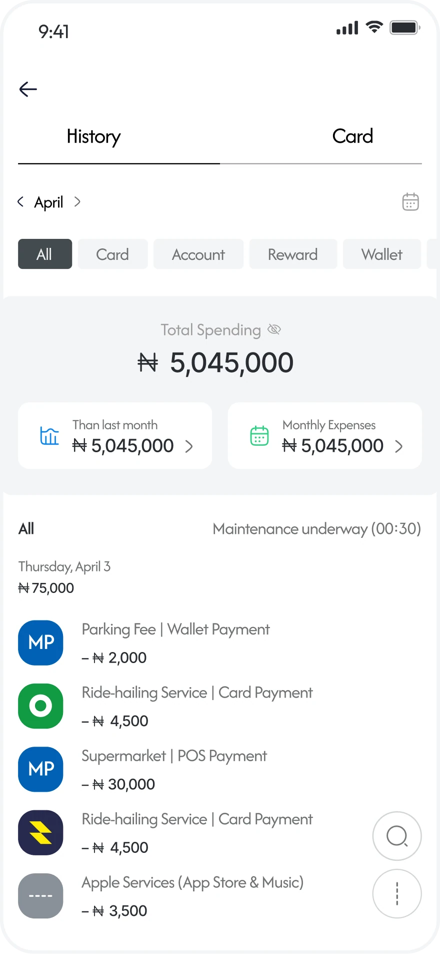 Azzapay transaction history screen with spending summary, filters and payment list