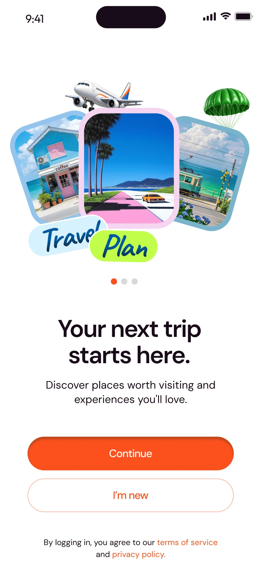 Travel Plan onboarding screen one: “Your next trip starts here.”