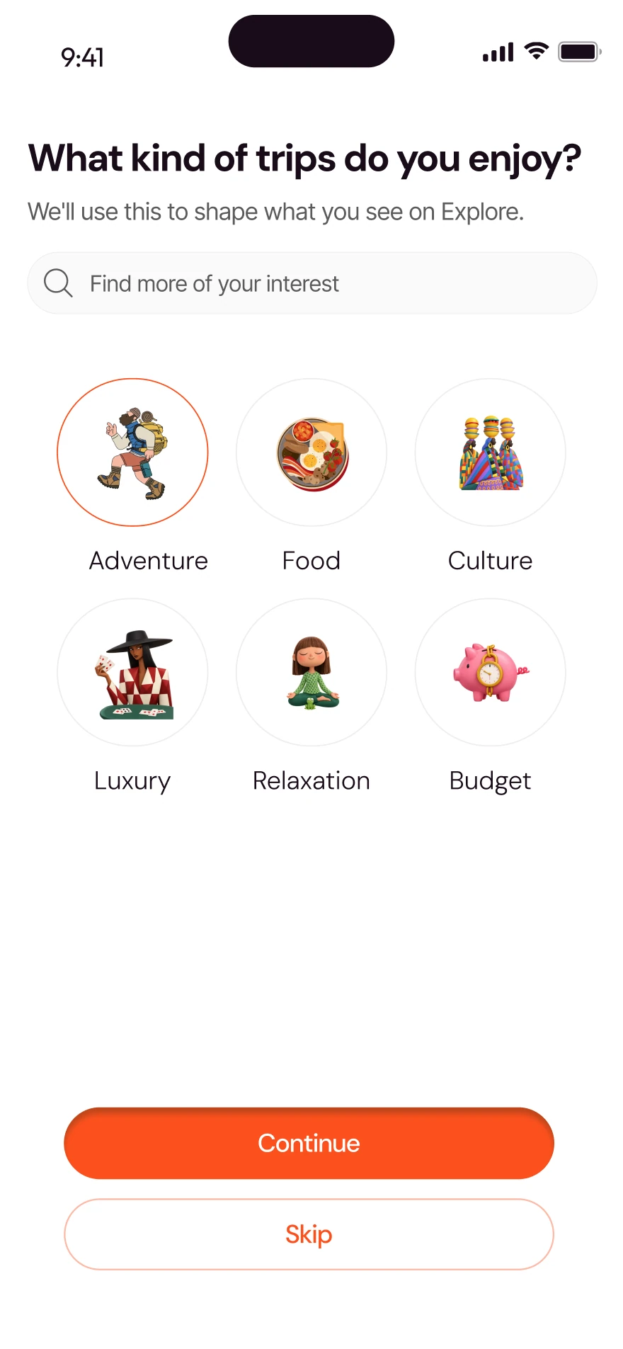 Travel Plan interests screen asking “What kind of trips do you enjoy?” with adventure, food, culture, luxury, relaxation and budget options