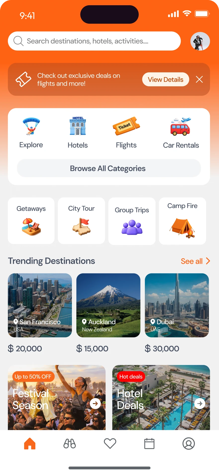 Travel Plan home screen with search, category shortcuts and trending destinations