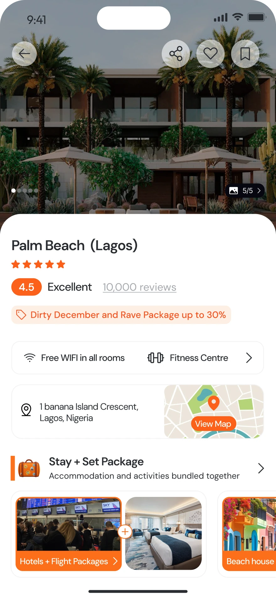 Hotel detail screen for Palm Beach, Lagos, with rating, amenities and a package deal