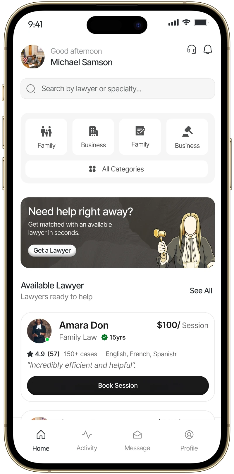 LawyerUp home screen with legal categories, a get-a-lawyer banner and available lawyers