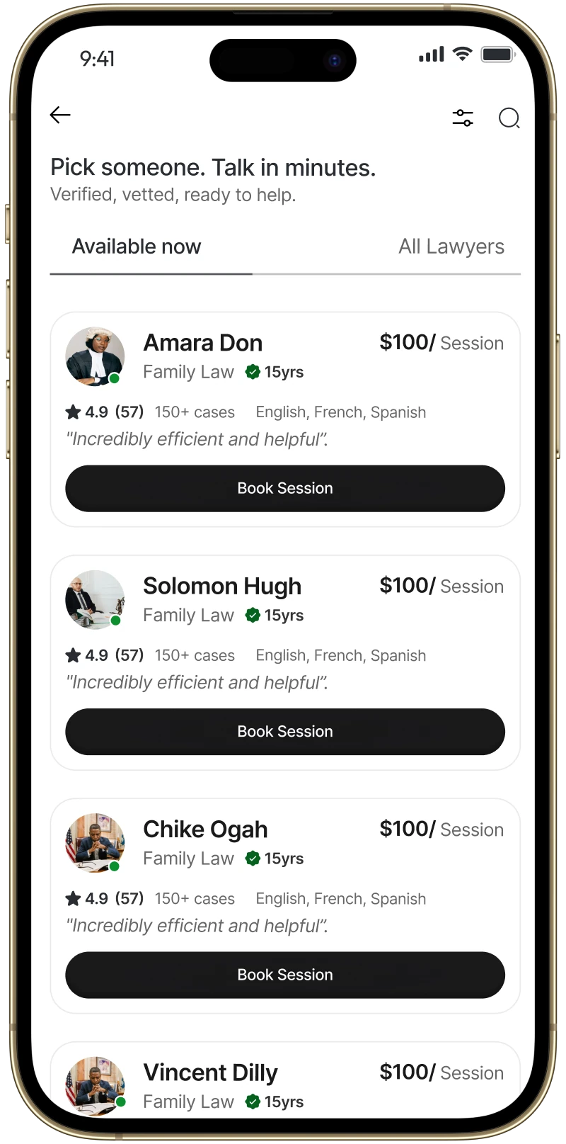 LawyerUp lawyer list with available lawyers, ratings, rates and Book Session buttons