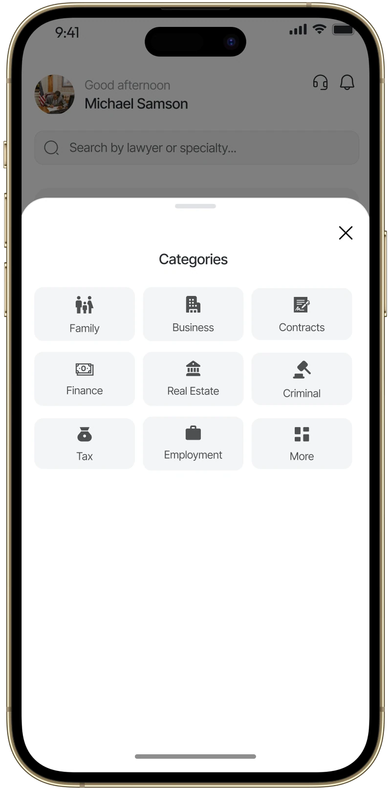 LawyerUp categories sheet with family, business, contracts, finance, real estate and more