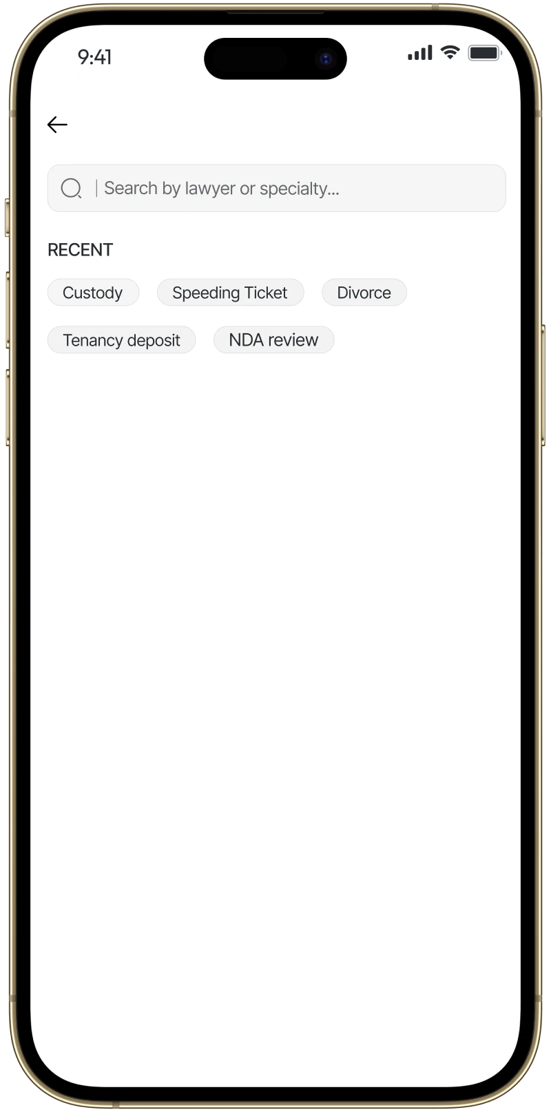 LawyerUp search screen with recent searches