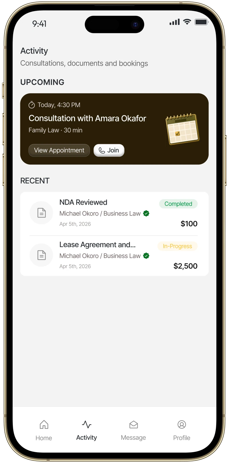 LawyerUp activity screen with an upcoming consultation and recent documents