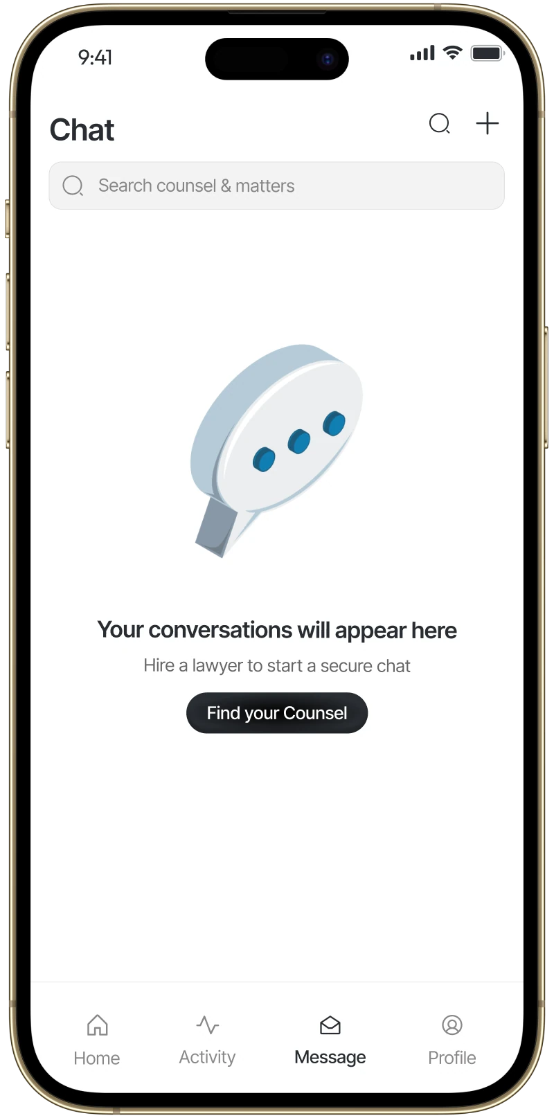 LawyerUp empty chat screen with a Find your Counsel button