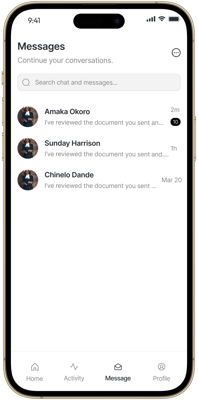 LawyerUp messages list with conversations with lawyers
