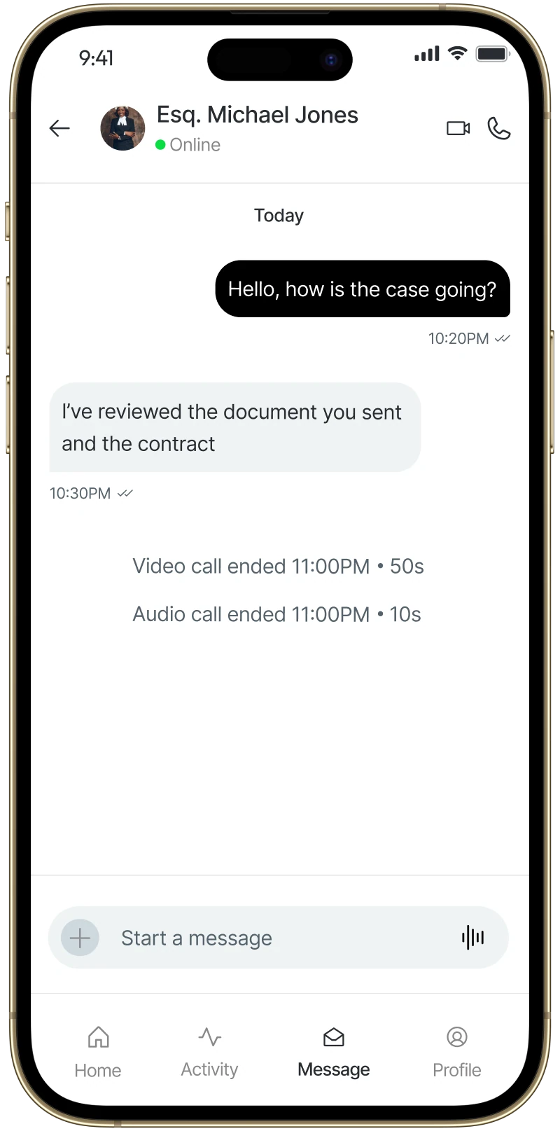 LawyerUp chat conversation with a lawyer, with video and audio call options