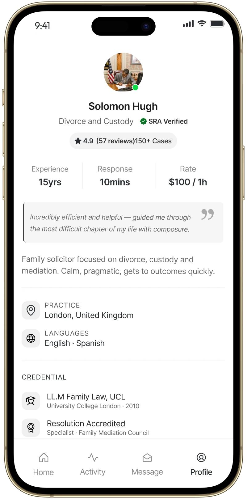 LawyerUp lawyer profile with experience, response time, rate, practice area and credentials