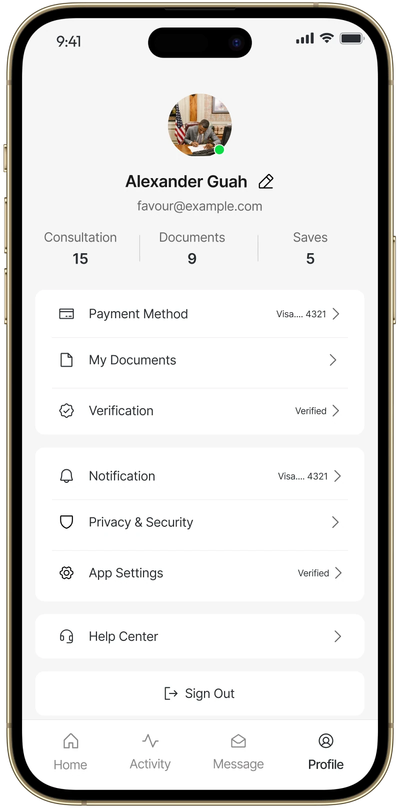 LawyerUp user profile with consultations, documents and settings