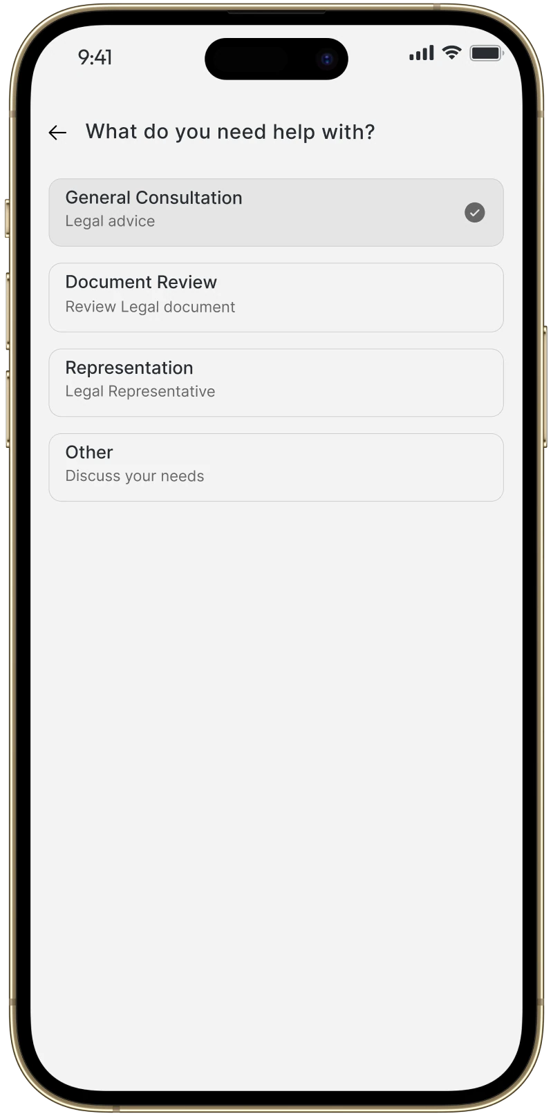 LawyerUp screen asking “What do you need help with?”, alternate view