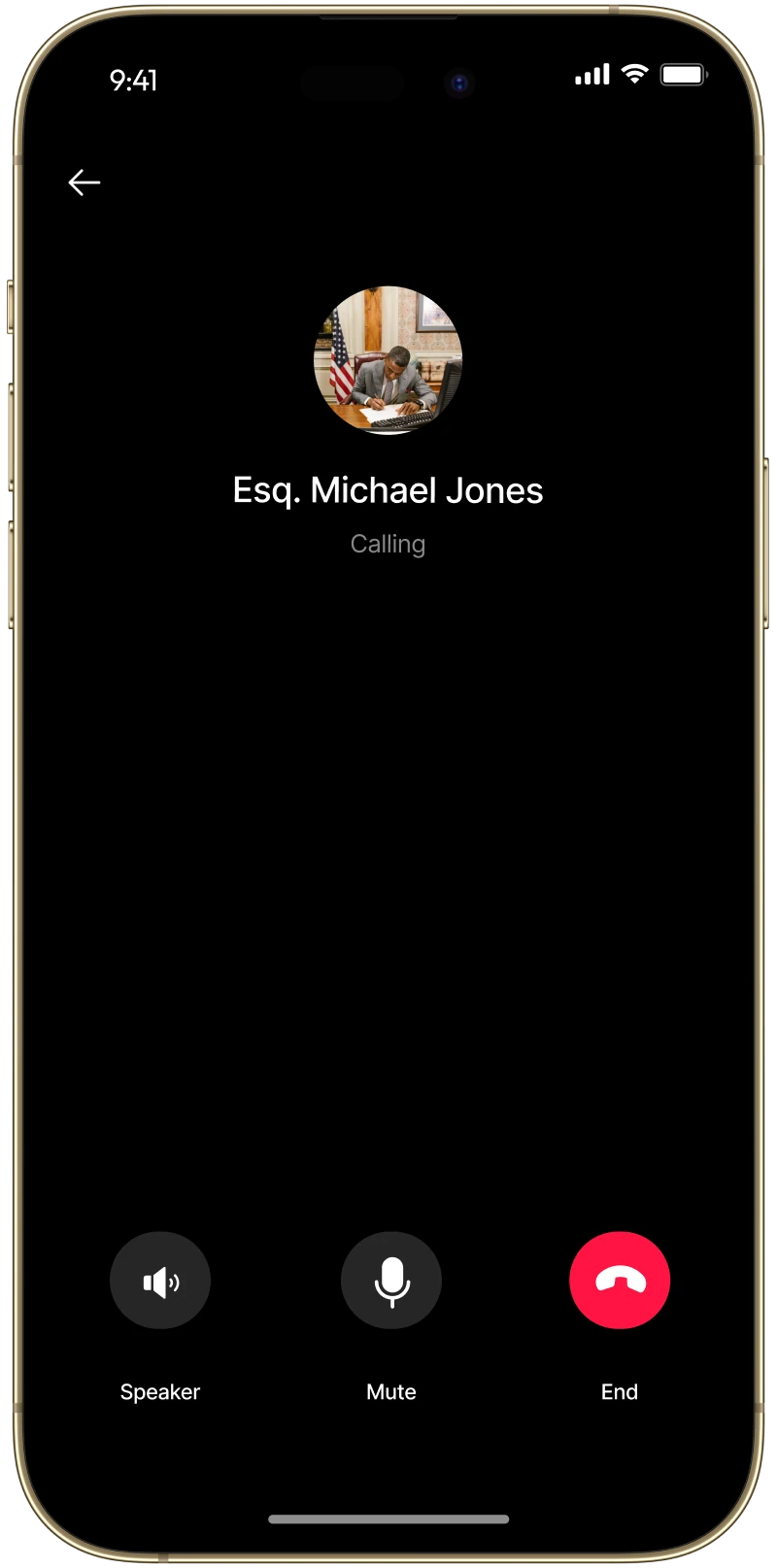 LawyerUp calling screen with speaker, mute and end buttons