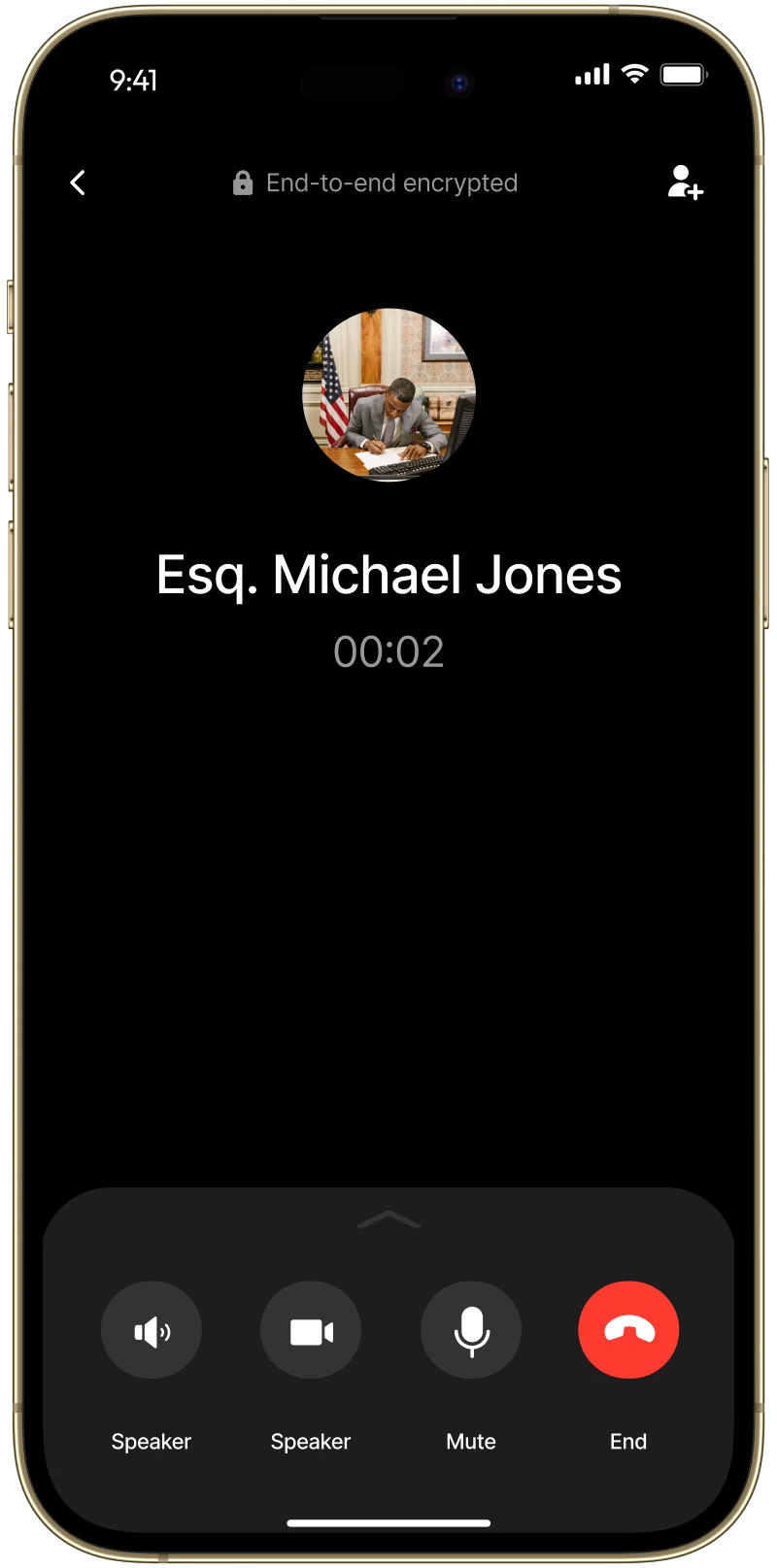 LawyerUp voice call screen with end-to-end encryption and call controls