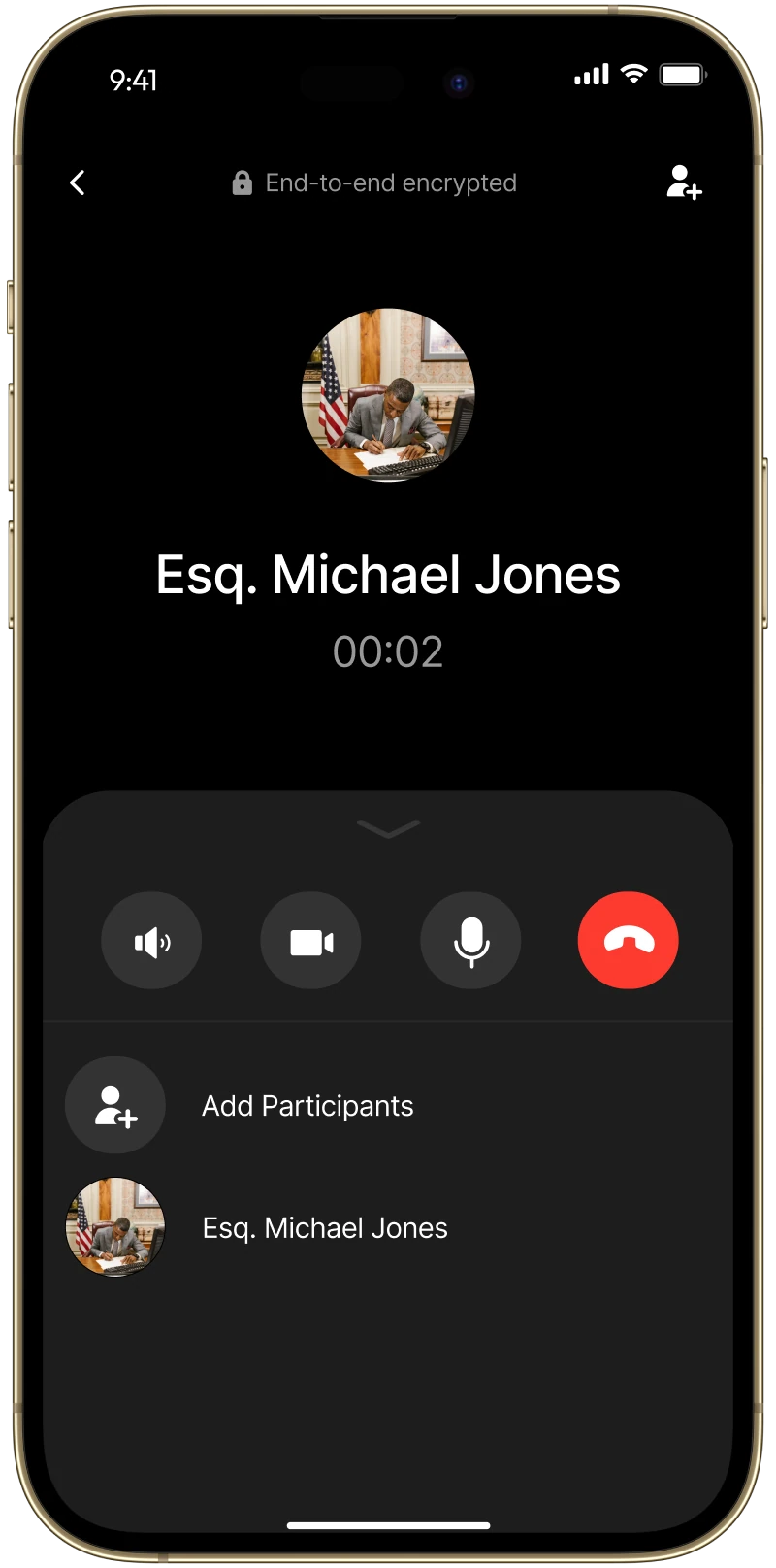LawyerUp call controls expanded with an add participants option