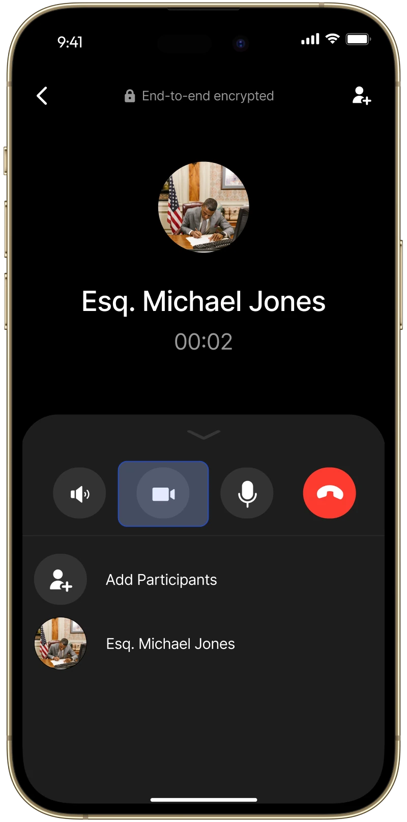 LawyerUp call controls with the video button highlighted