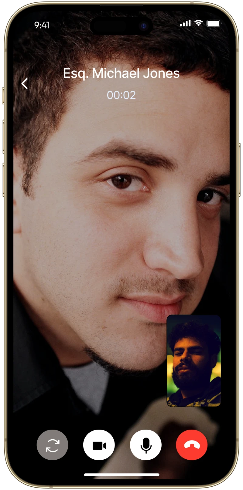 LawyerUp video call with a small self-view in the corner
