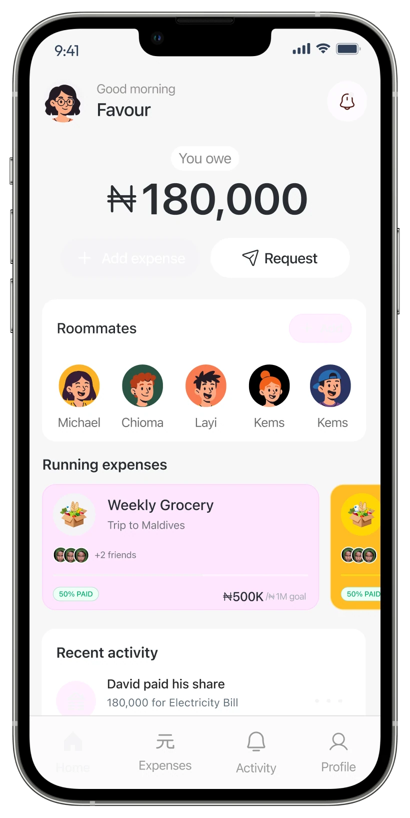 Nest home screen showing the amount owed, roommates and running expenses