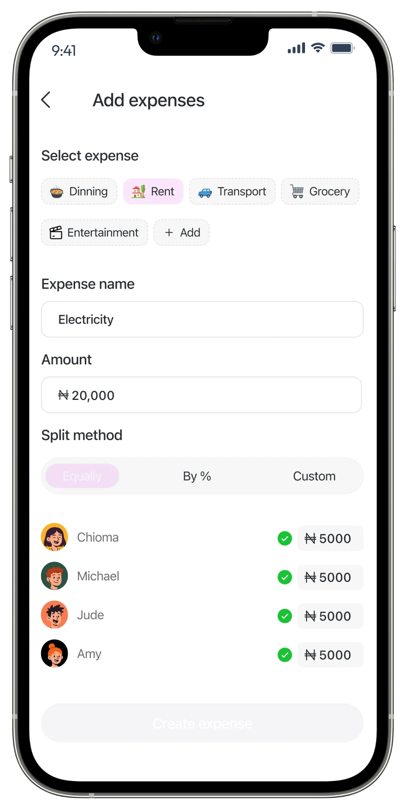Nest add expenses form with expense categories, amount and split method