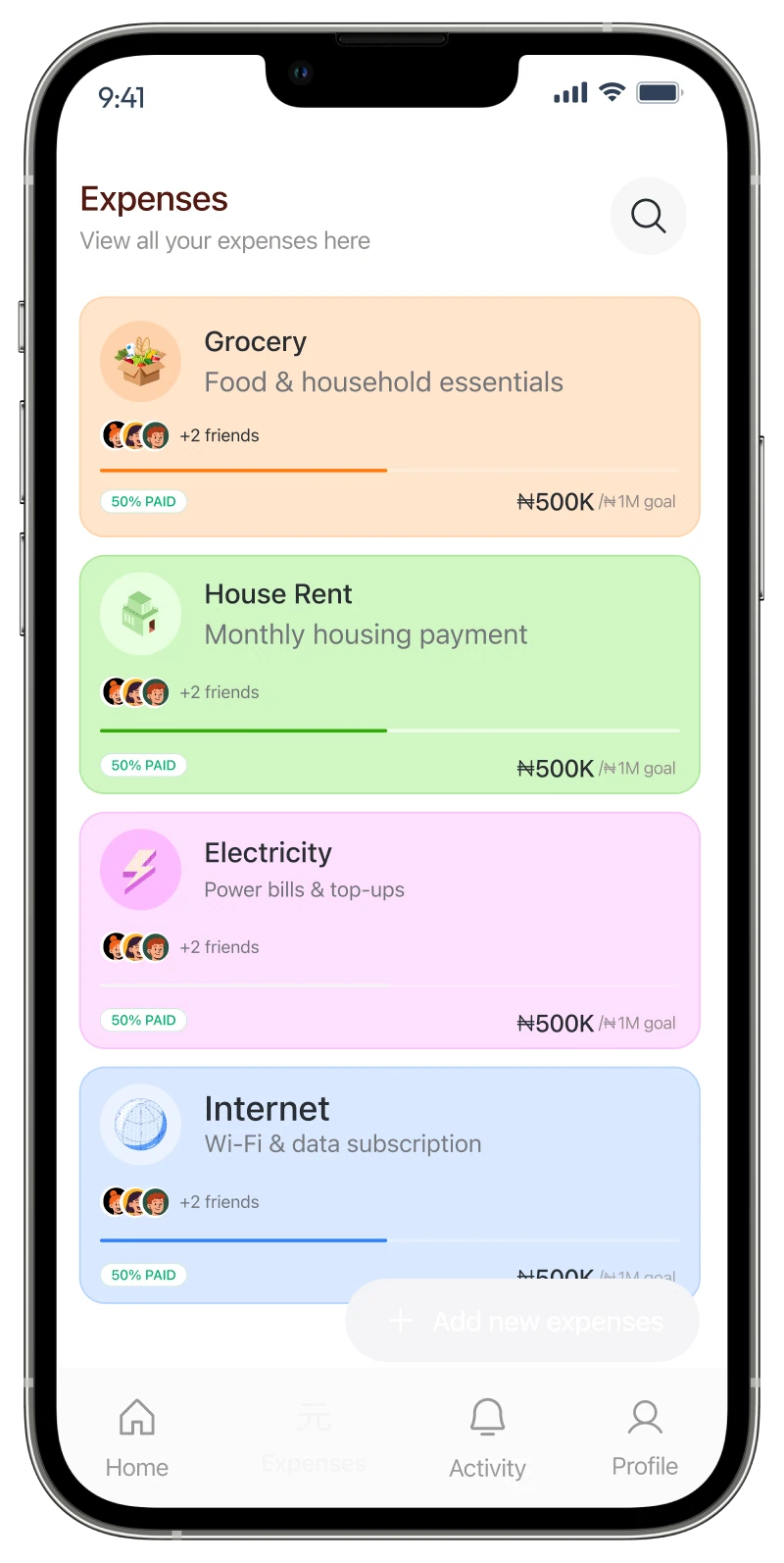 Nest expenses list with colour-coded cards for groceries, rent, electricity and internet