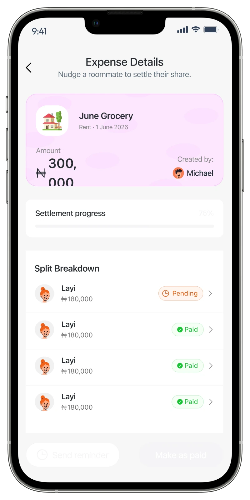 Nest expense details for June groceries with settlement progress and split breakdown