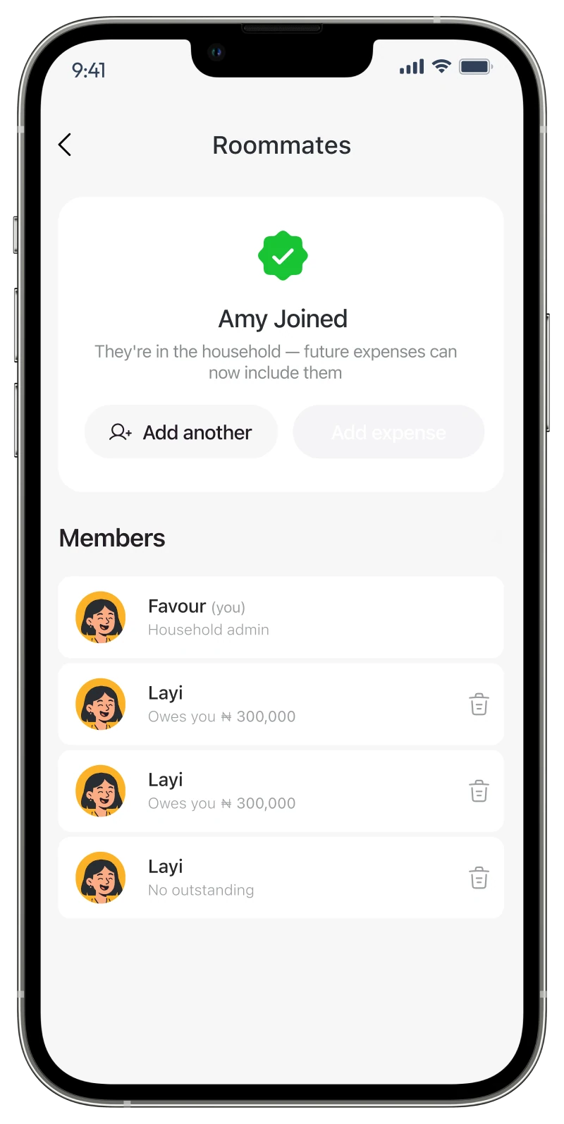 Nest roommates screen confirming that Amy joined, alternate view