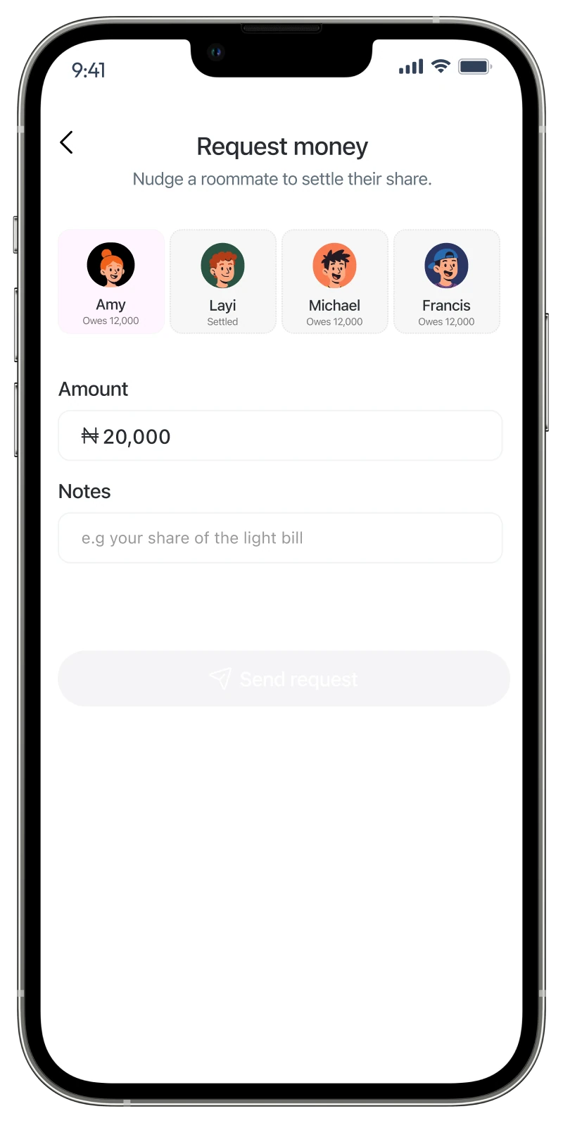 Nest request money screen with an amount, notes and roommate selector