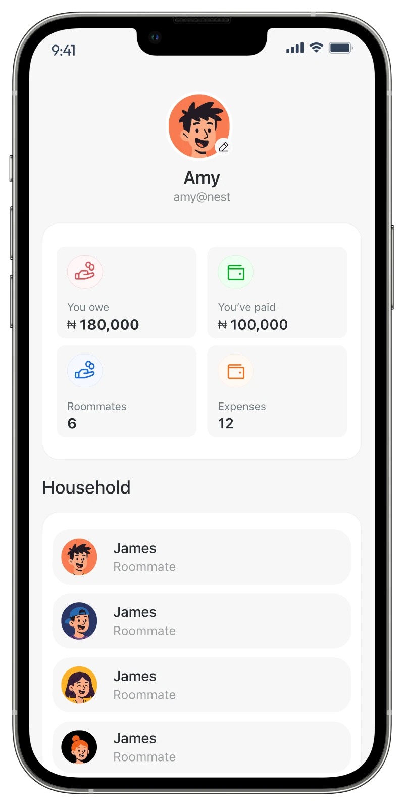 Nest profile screen showing amounts owed and paid, plus the household list